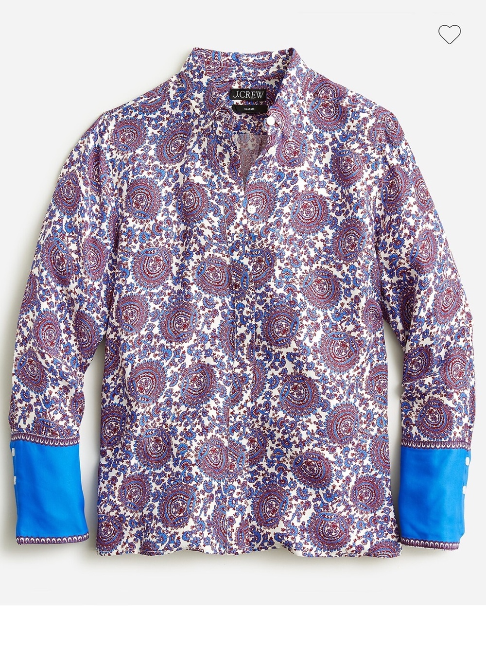 J. Crew Purple Paisley Blouse with Blue Contrast Cuffs